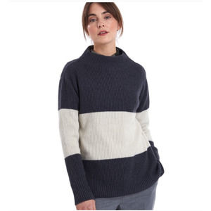 Women's Mock Neck Style Barbour Border Knit Sweater Grey and Cream Striped